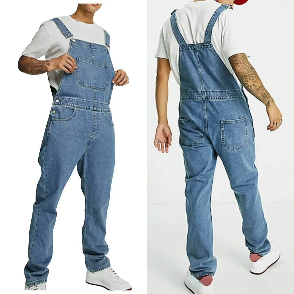 

Men Europe America Jeans Overalls Pockets Casual Loose Long Denim Pants Splice Straight Rompers Solid Colour Suspender Jumpsuits