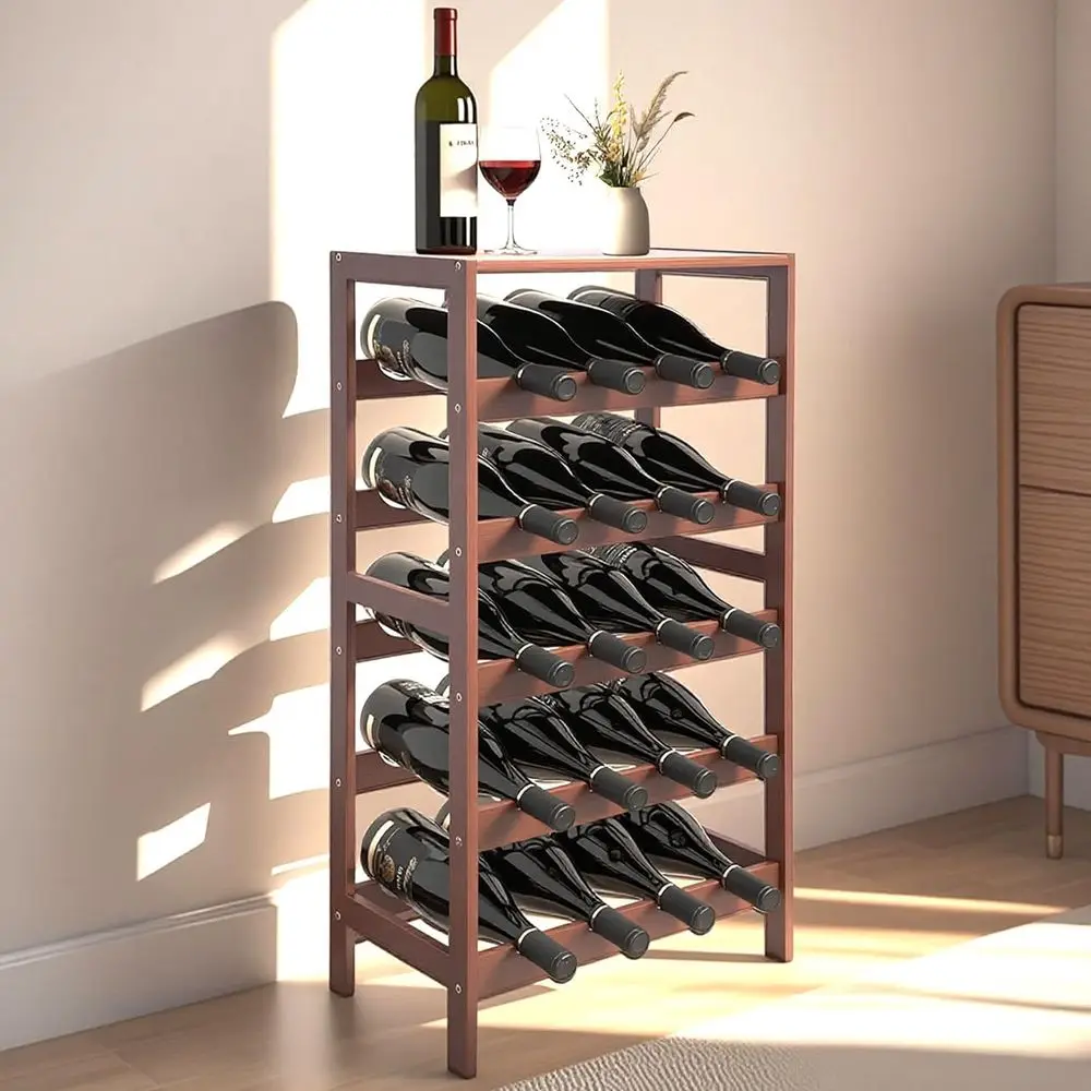 

20 Bottle Wooden Wine Rack with Table Top, 5 Tier Bamboo Floor Wine Storage Holder, Retro Minimalist Style Home Decorations Wine