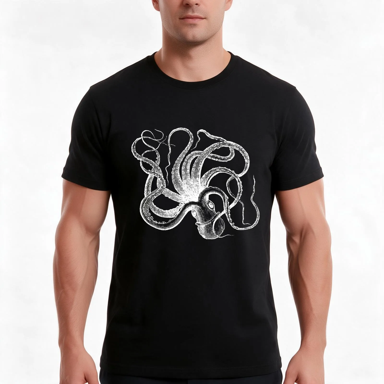 Vintage Octopus Kraken Engraving T-Shirt, Summer Casual Cotton Tee, Oversized Streetwear Tops, Vintage Graphic Print