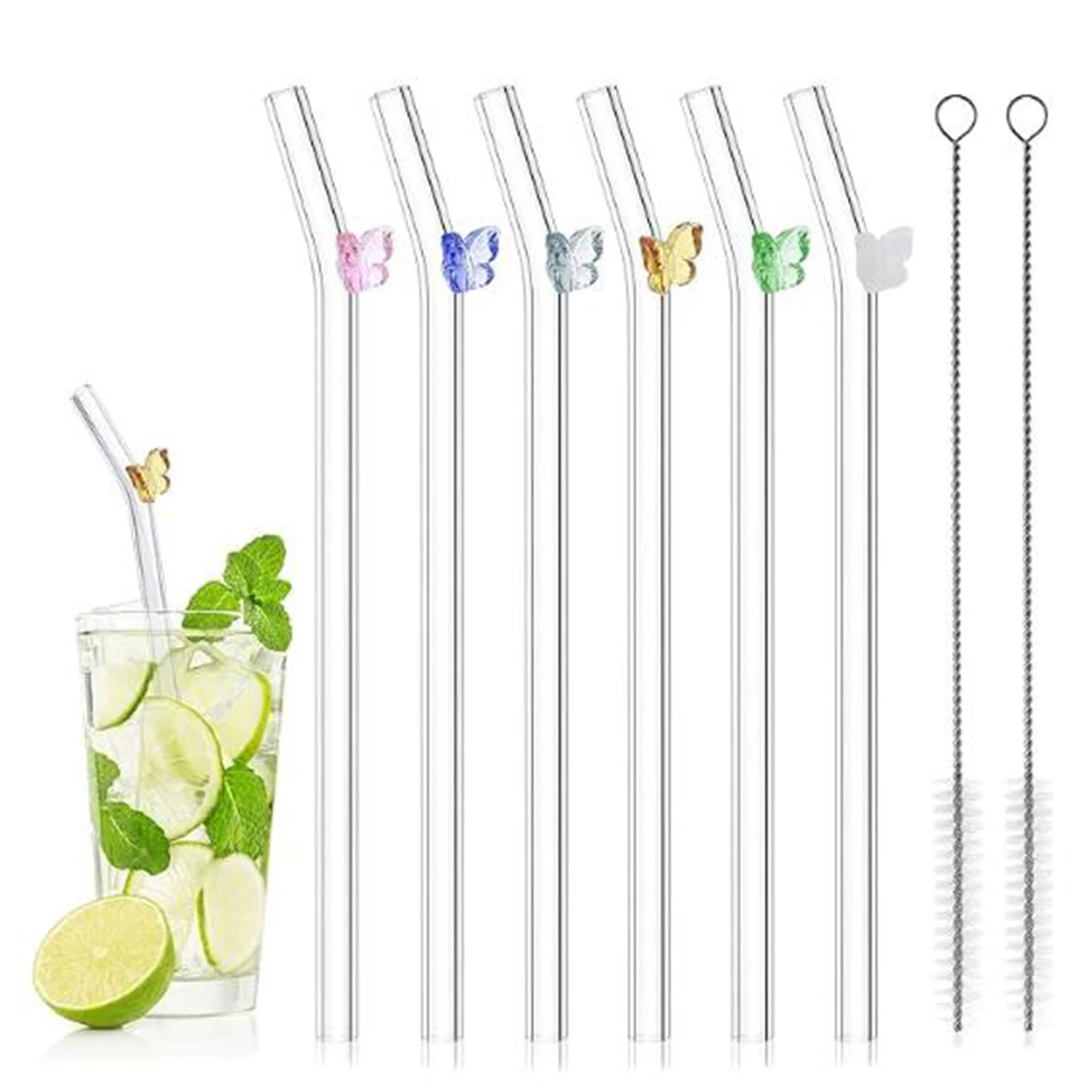 

1 Set Drinking Straws Clear Glass Drinking Straws with Cleaning Brush Butterfly Straws Heat-Resistant Smoothie Straws