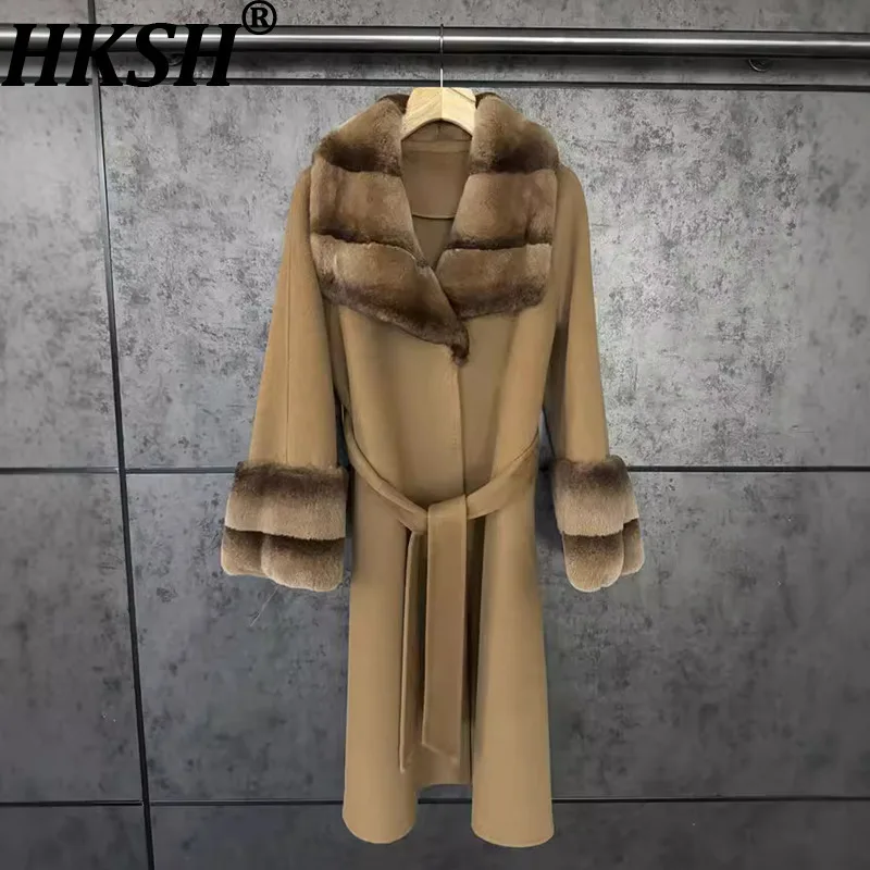 

HKSH Autumn Winter New Women's Overcoat Double-Sided Cashmere Spliced Fur Collar Single Breasted Belt Luxury Warm Jacket HK15975