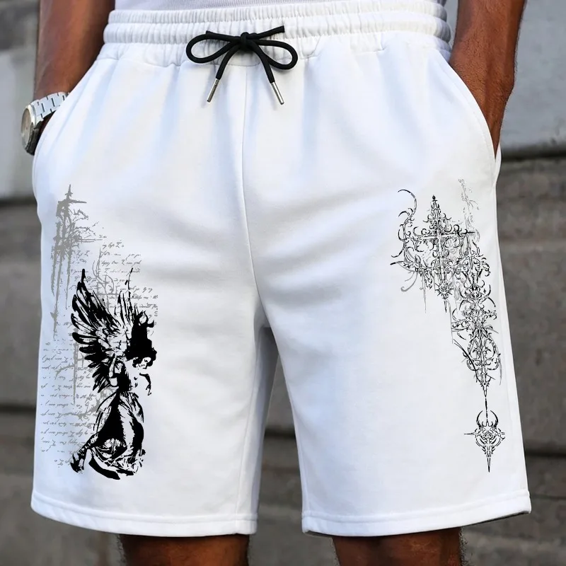 Men's Casual Sports Shorts Street Trendy Cool Angel Cross Print American Fitness Casual Shorts Unisex Summer New Style
