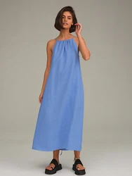 Marthaqiqi Blue Loose Femme Nightwear Spaghetti Strap Nightgowns Lace Up Sleepwear Ankle-Length Dress 2023 New Women'S Nightie