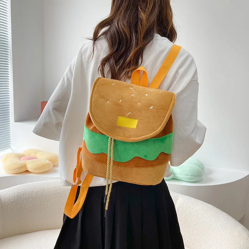 Women Backpack Hamburger Shape Drawstring Adjustable Daily Bag Multi-Function Bag Pack