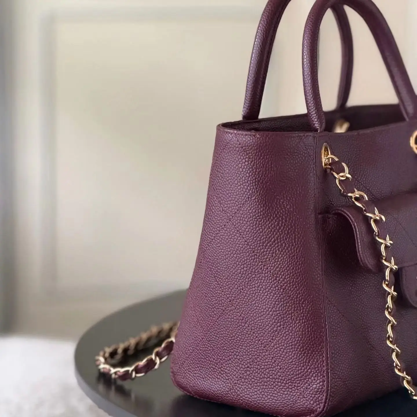 Burgundy Caviar Leather Diamond Quilted Tote Bag, Dual Top Handle Shoulder Bag with Detachable Two-Tone Gold Chain, Luxury Designer Inspired Fall Work Handba