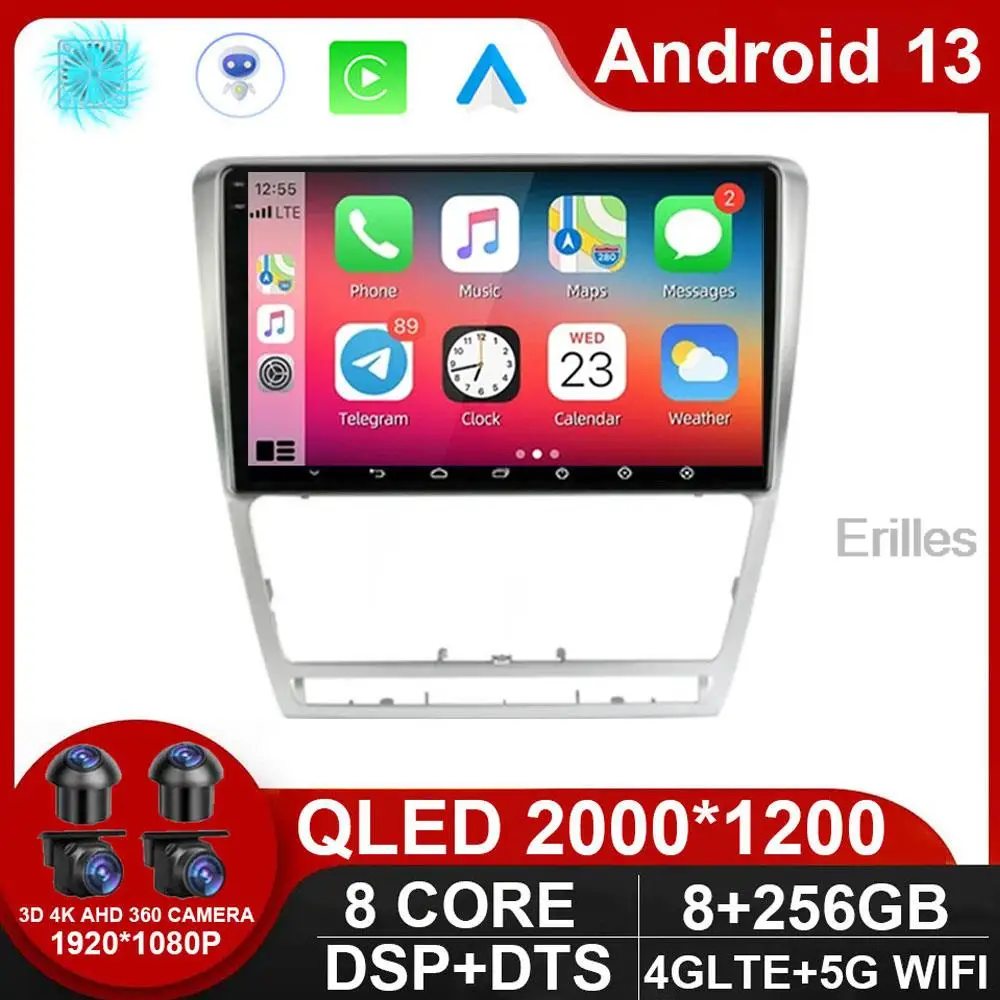 for Skoda Octavia 2 A5 2008 - 2013  Android 13 Car Radio Multimedia Player Navigation GPS 2 Din Carplay Stereo DVD Speaker