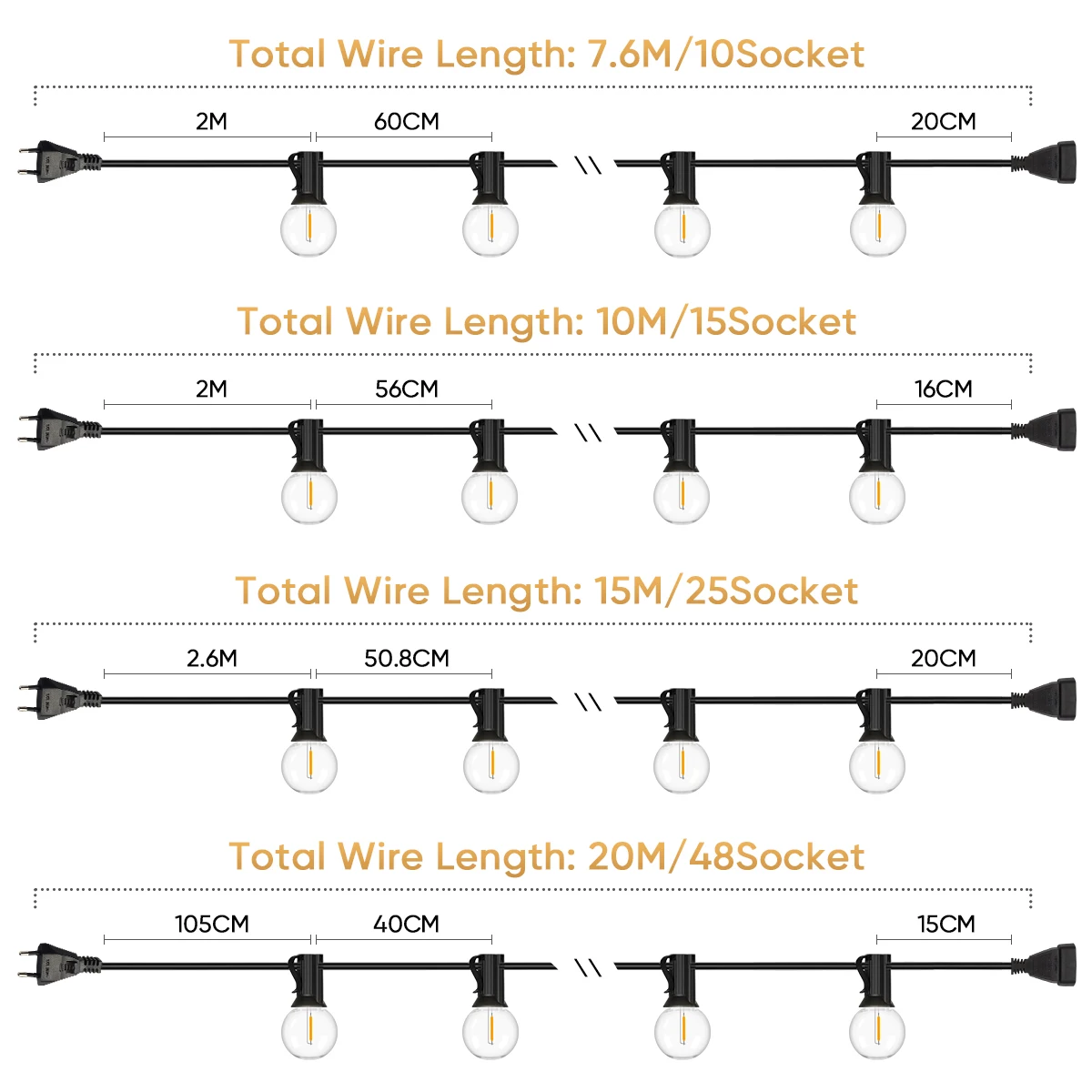 Guirnalda de luces Led impermeable para exteriores, tira de Luces de decoración para fiesta, resistente al agua, G40, UE, 220V, EE. UU., 110V