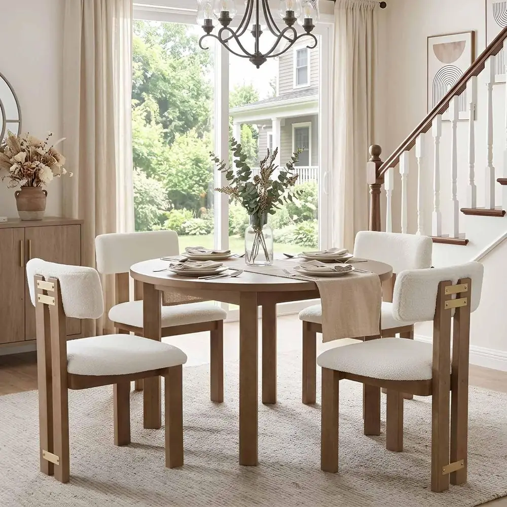 

Boucle Fabric Upholstered Dining Chairs Set of 4, White Sherpa Chairs with Natural Wood Legs and Curved Back, Accent Wood Chairs