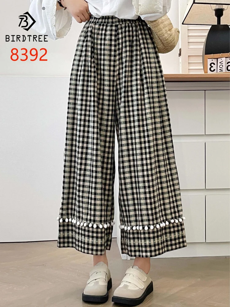 

New Summer Cotton Wide Leg Pants, Women Elastic Waist Plaid Trouser, Mori Girl Retro Loose Casual Pants, 2024 Autumn B478153QC