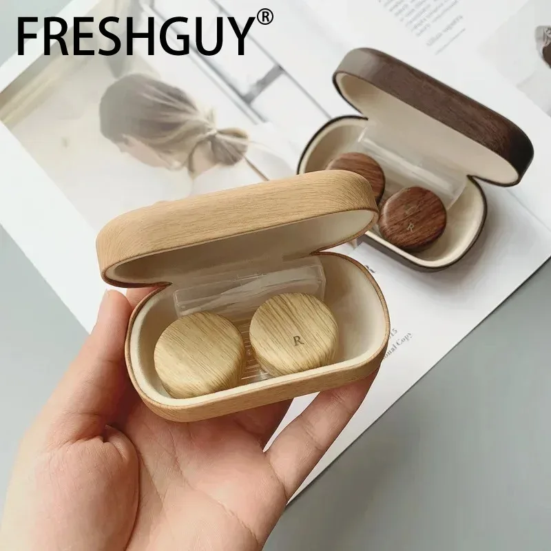 FRESHGUY Myopia Contact Lens Case Vintage Leather Wood Grain Large Leakproof Storage Double Partner Simple Contact Lenses Box