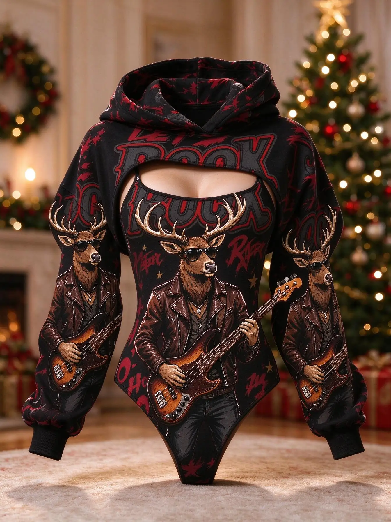 Women Christmas Candy Cane Print 2Pcs Outfit, Long Sleeve Hooded Shrug & Slim Bodysuit Set