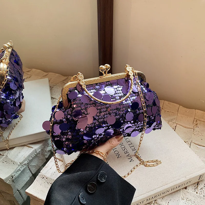 Luxurious Evening Bag Bling Sequins Handbags Women Party Small Shell Bag Fashion Lady Bucket Handbags Girls Glitter Chain Purses