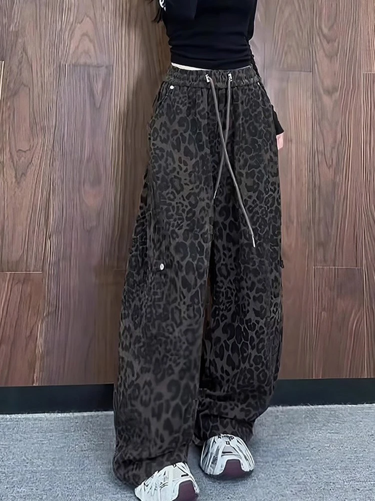

Американские ретро-брюки с высокой талией и широкими штанинами, повседневные, женские, весна-осень 2026, новые, свободные, стройнящие, с леопардовым принтом