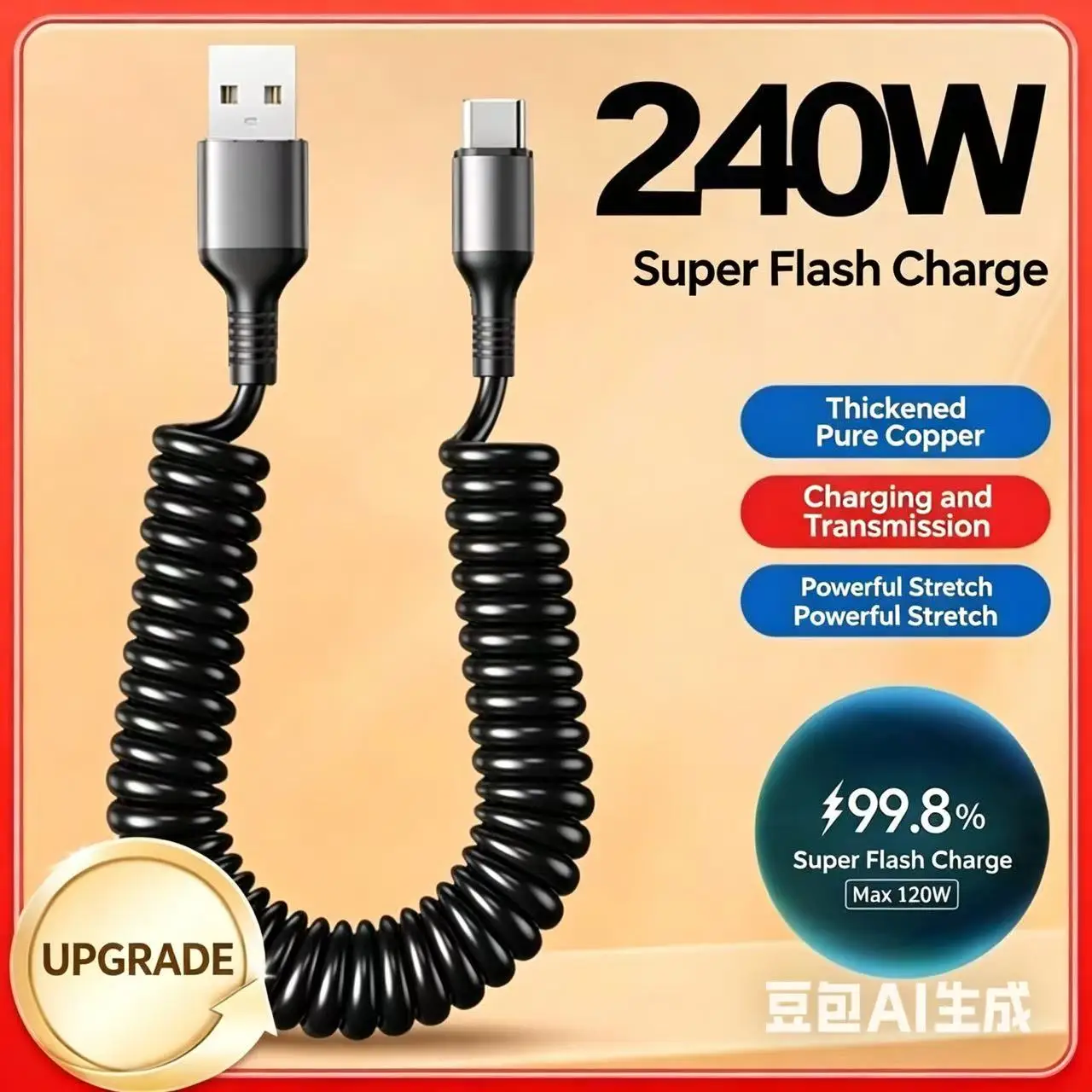 240W Super Fast Charging Spring USB Cable, Retractable Coiled Type-C/Lightning Cord, Thick Pure Copper, Data Sync, for Car Phone