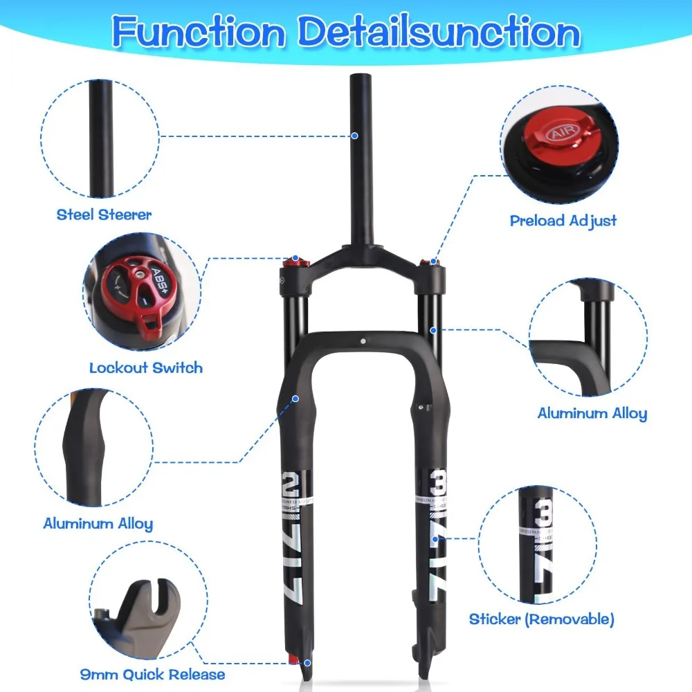ZTZ MTB Air Suspension Fork Rebound Adjustment 26x4.0 Inch Fat Tire 135mm Spacing Hub Ideal for Snow