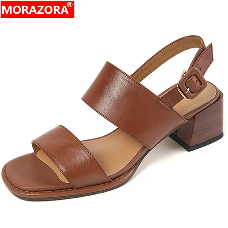 MORAZORA 2024 New Back Strap Genuine Leather Sandals Women Square Med Heels Metal Decoration Shoes Summer Ladies Dress Shoes