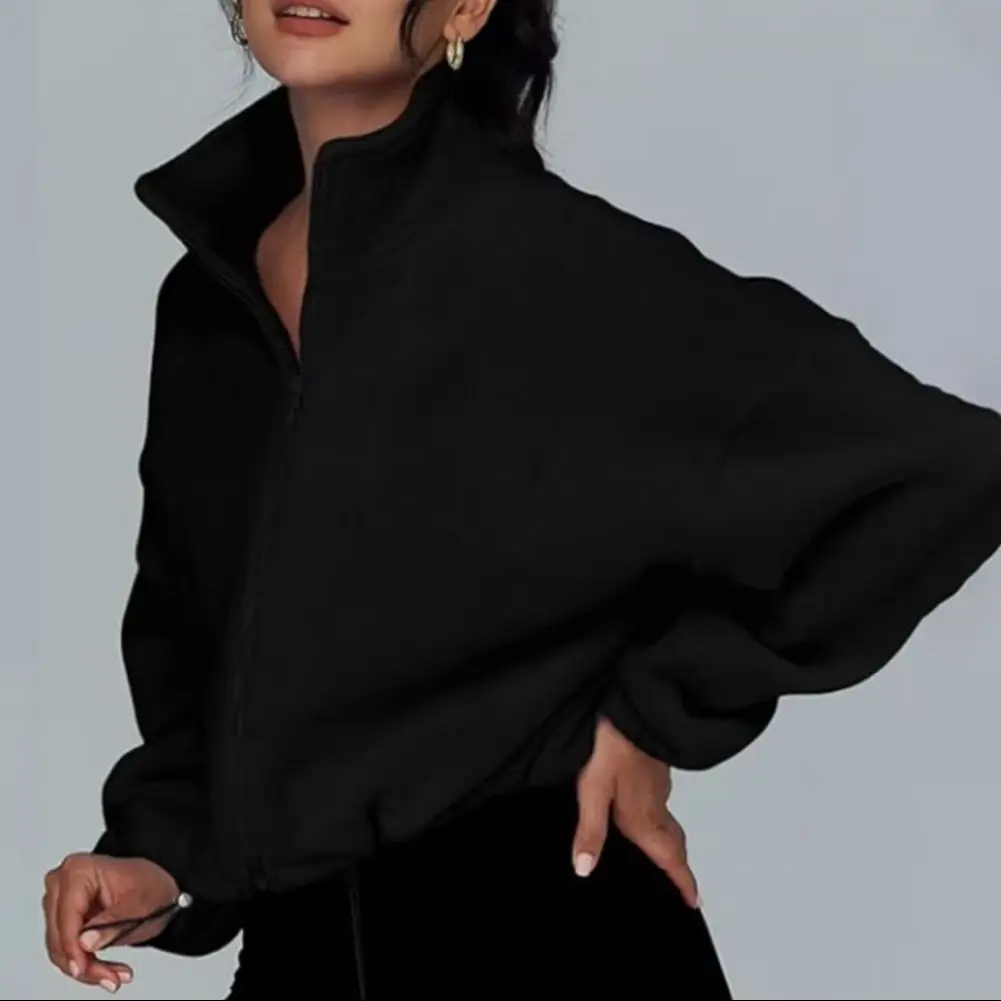 2025 Women's Full Zip Fleece Short Jacket Winter Long Sleeve Cropped Coat Drawstring Hem Stand Collar Warm Workout Top
