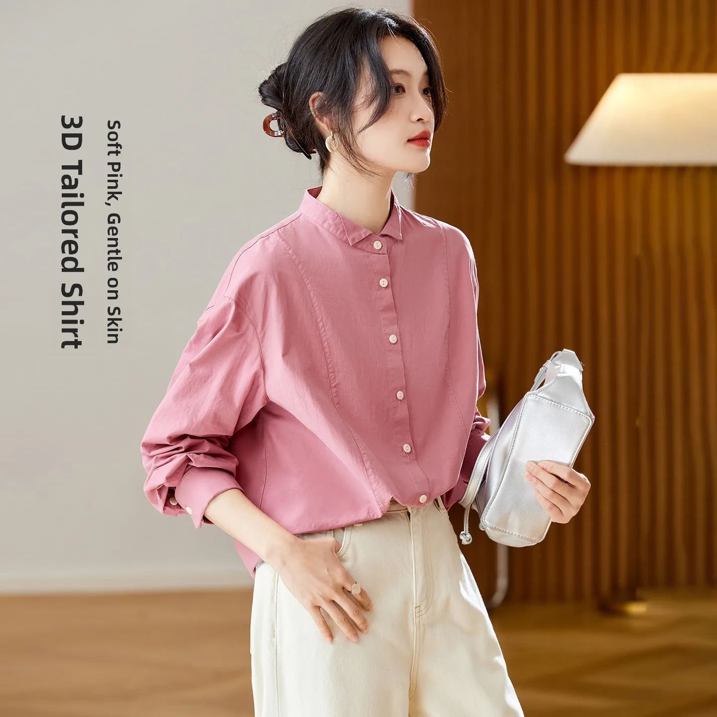 

Pure Cotton Long Sve irt Women's Loose Design Pink Color Autumn Winter Faion Commute Sle Chinese Production