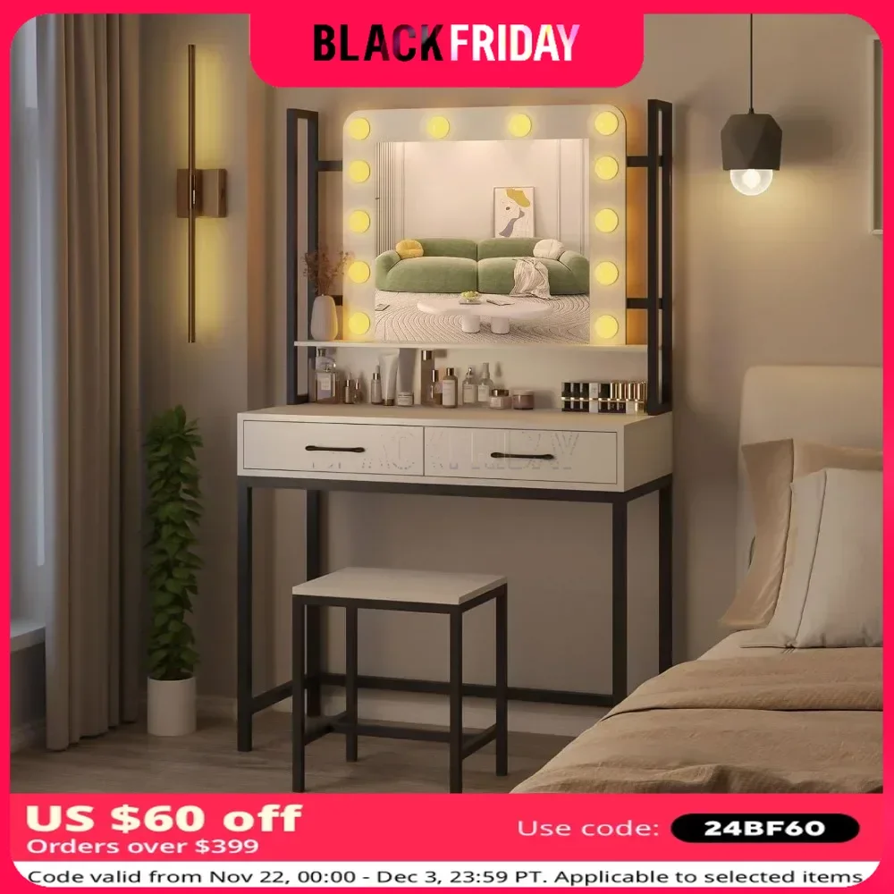 Vanity Desk with Lights, Drawer, Lighted Mirror, Strong Structure and Durable Material,  Easy To Assemble, Dressing Table