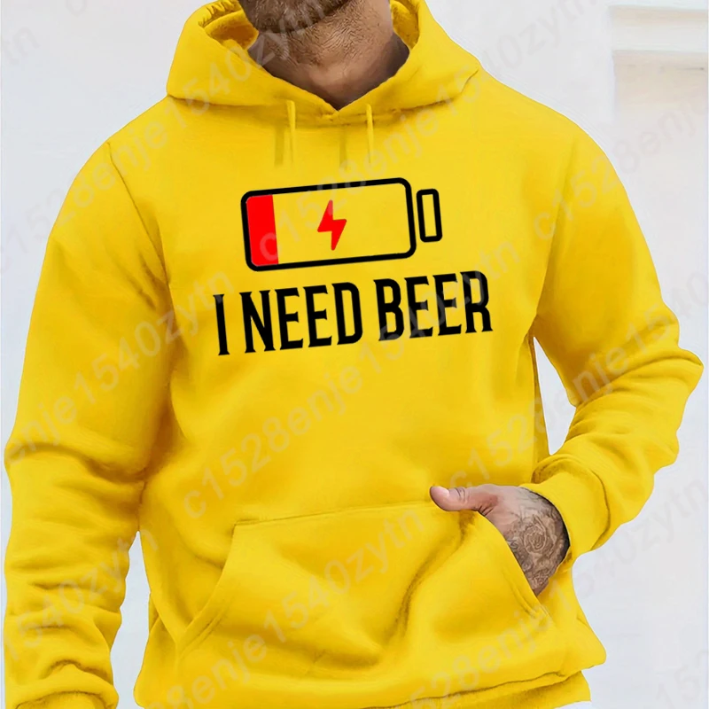 Autumn And Winter Men's Fashion Pullover I Need Beer Print Hooded Hoodies Men Casual Solid Color Pocket Sweatshirts Youth Hoodie