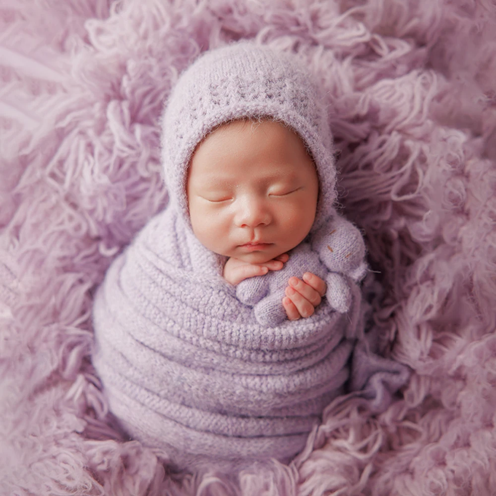 Newborn Wrap Photography Props Knitted Wraps Hat+Bear Doll Set Flower Headdress Artificial Flowers Purple Theme Baby Photo Props