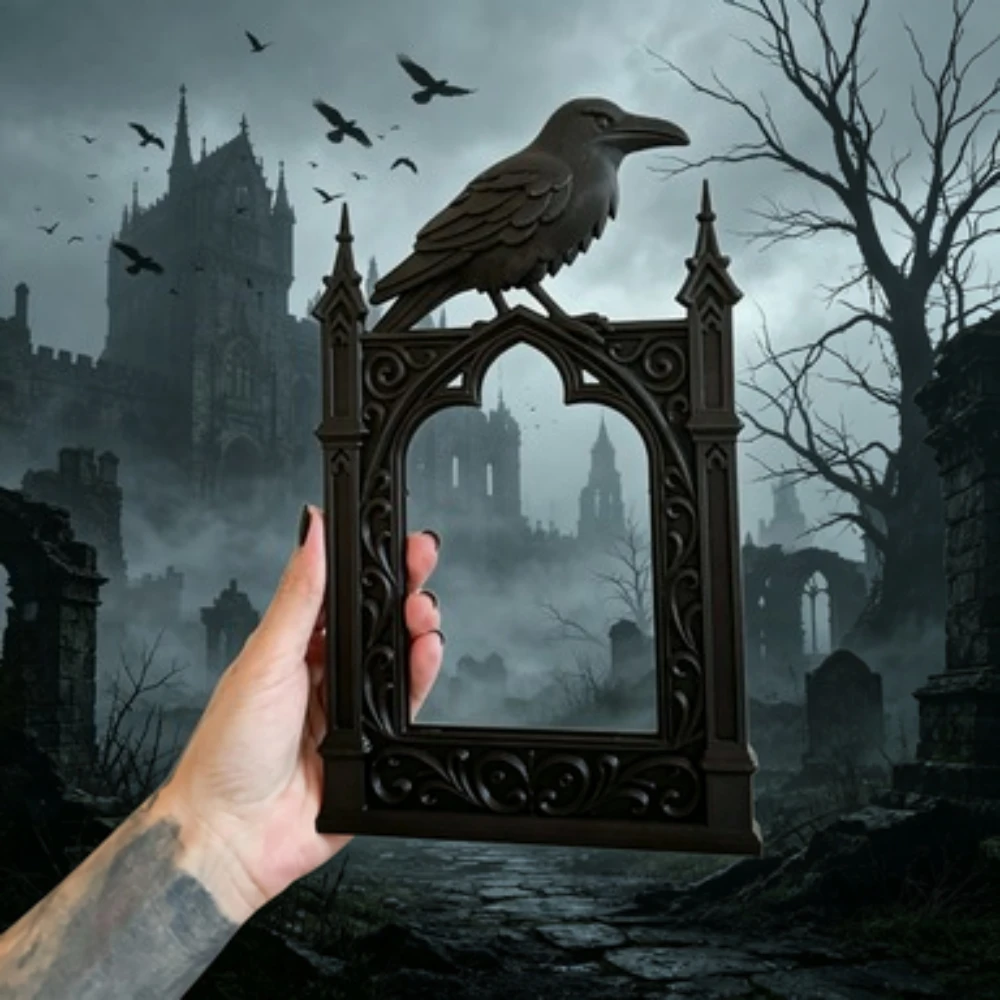Black Gothic Crow Photo Frame Spooky Cathedral Style Decor Halloween Occult Aesthetic Picture Frame Occult Display Photo Frame