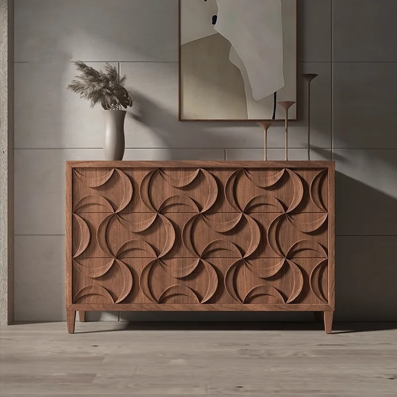 

American modern simple storage cabinet, black walnut solid wood carved sideboard, small apartment entrance cabinet
