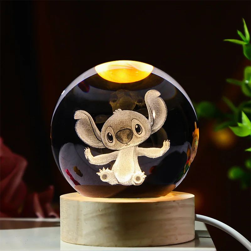 Stitch 6cm 3D Crystal Ball Lilo and Stitch Cartoon Crystal Planet Night Light Laser Carving Desk Decoration Children\'s Gifts
