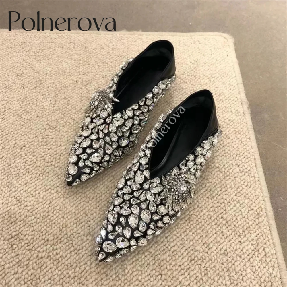 Crystal Embellished Ballet Flats Pointed-Toes Leather Shoes Luxurious Designer Style Handmade Shoes Bling Bling Rhinestone Shoes