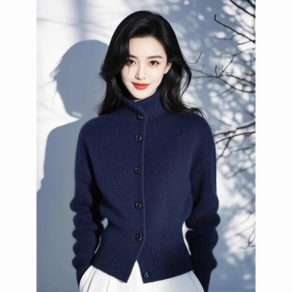 New Chic Red Knit sweater Long Sleeve Turtleneck Cardigan Women Fall winter Elegant Lady Commuter Casual top Knitwear