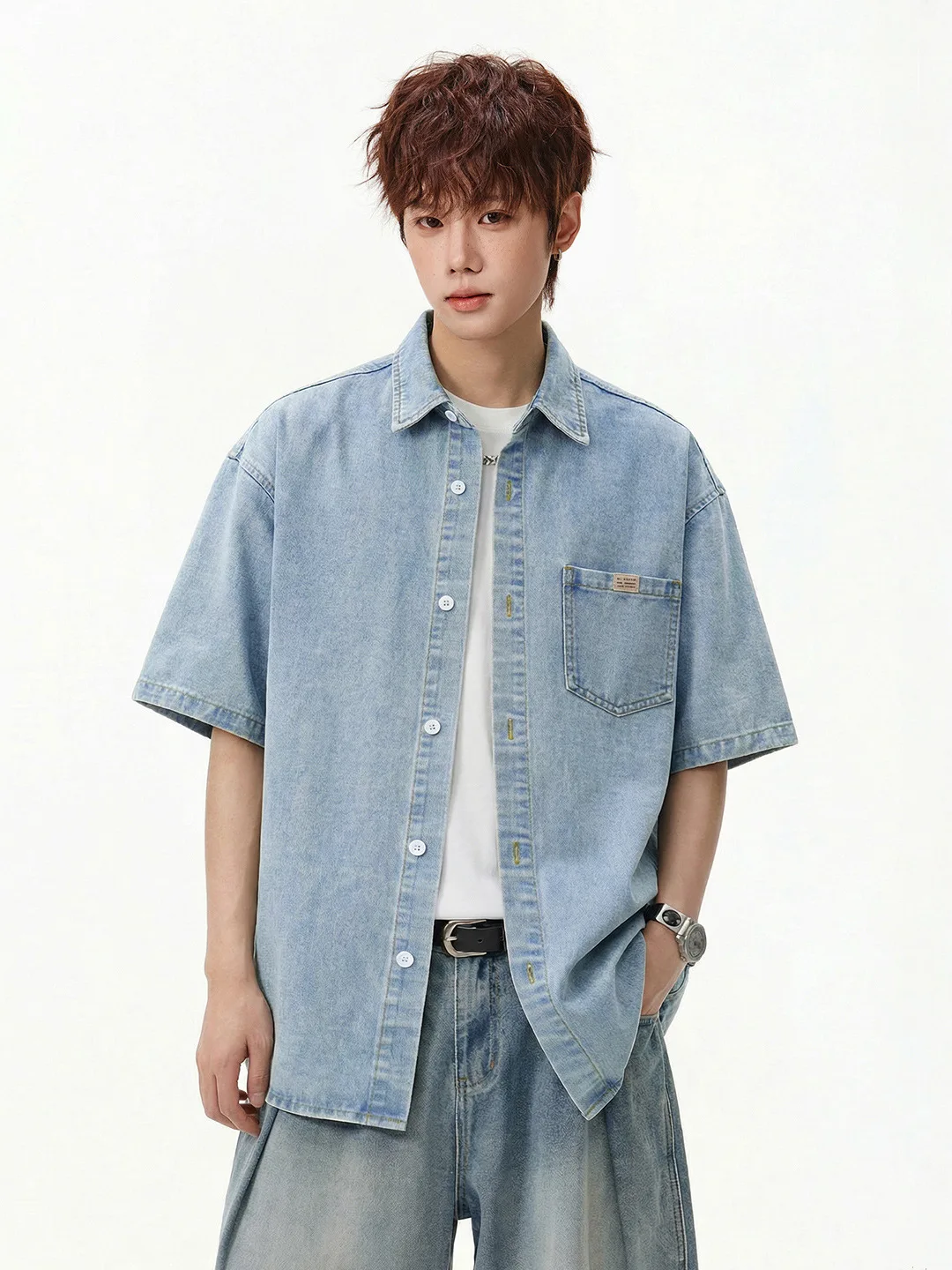 

Мужская винтажная джинсовая рубашка с коротким рукавом Waed: свободная повседневная верхняя одежда в американском ретро-стиле, корейский свободный крой, весна-лето