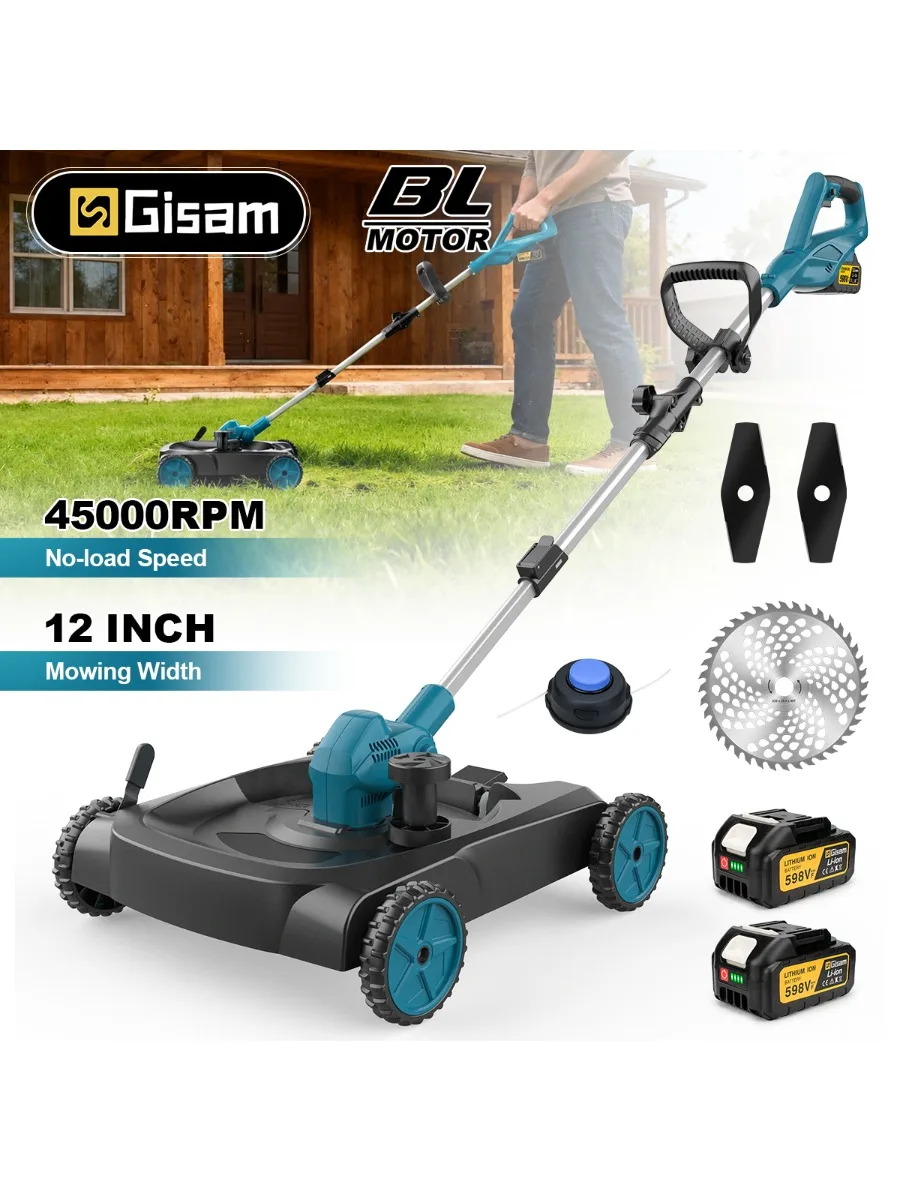 Gisam Kabelloser Elektrischer Rasenmäher 3-in-1 Bürstenloser Faltbarer Rasentrimmer 12 Zoll Gartenpflegewerkzeug für Makita 18V Akku
