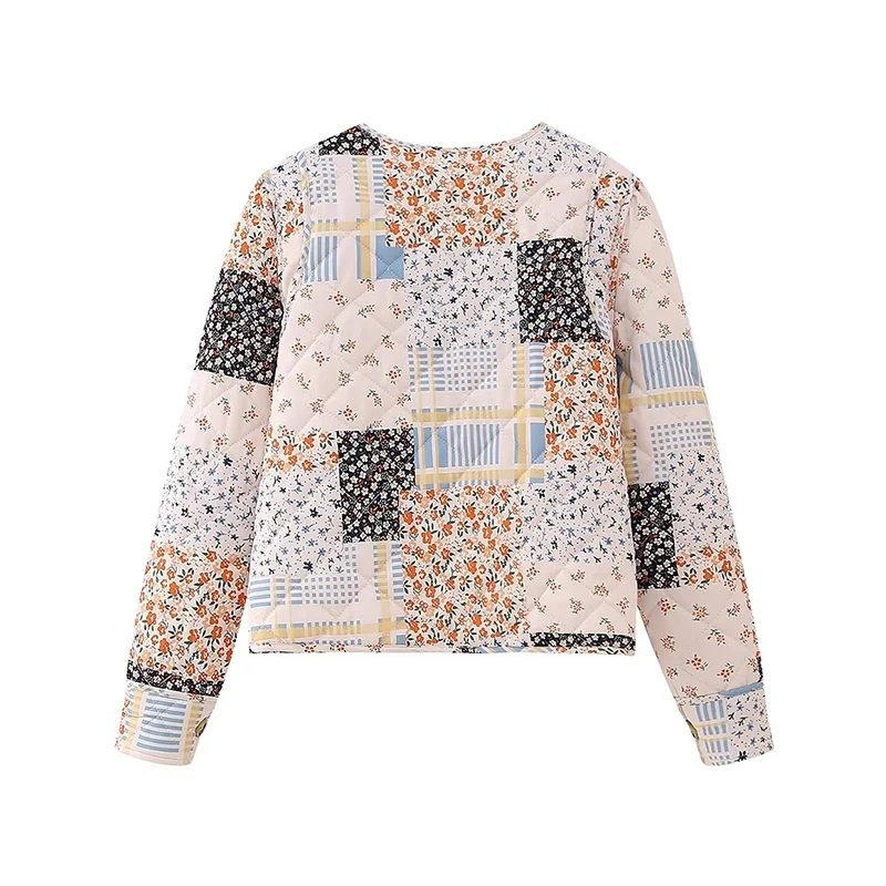 Vintage Floral Printing Patchwork Cotton-padded Clothes Jacket Winter Warm Coat Casual Long Sleeves Front Pocket Lady Streetwear