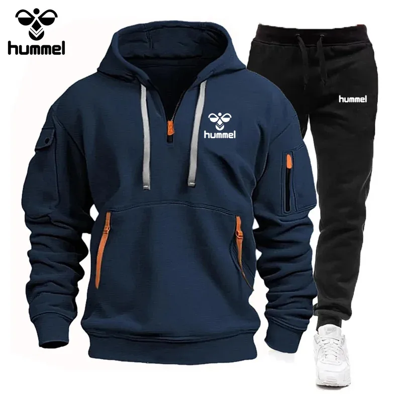 Brand HUMMEL Spring and Autumn Leisure Jogging Sportswear Suit Men\'s Brand-name Clothing Multi-pocket Zipper Hoodie + Sweatpants