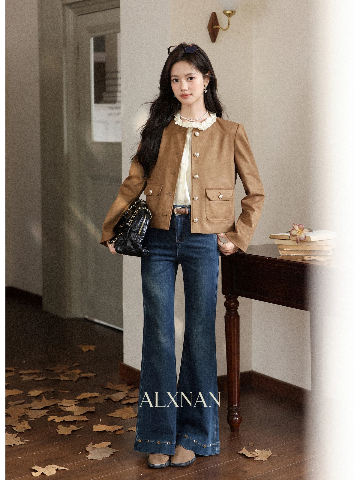 Abrigo de Cuero Marrón Versátil para Mujer, Estilo Informal, Cuello Alto, Ajuste Holgado, Largo, Ropa Exterior para Mujer