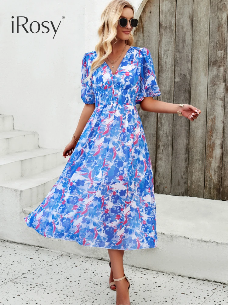 

2024 Spring Summer Floral Print Lantern Sleeve High Waist Dresses Chic and Elegant Vacation Beach Birthday Party Dress for Women