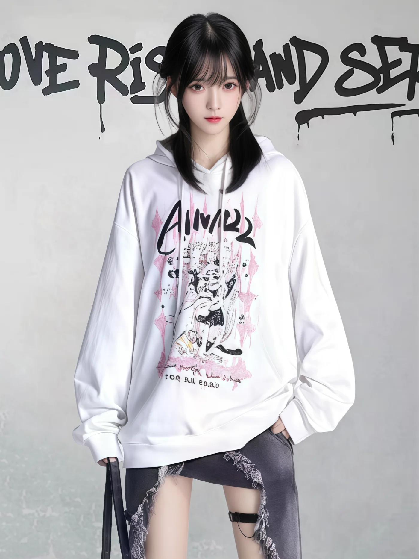 American Cartoon Print Oversized Anime Hoodies Lazy Casual Loose Versatile Long Sleeve Sweet Cool White Sweatshirts Women Autumn