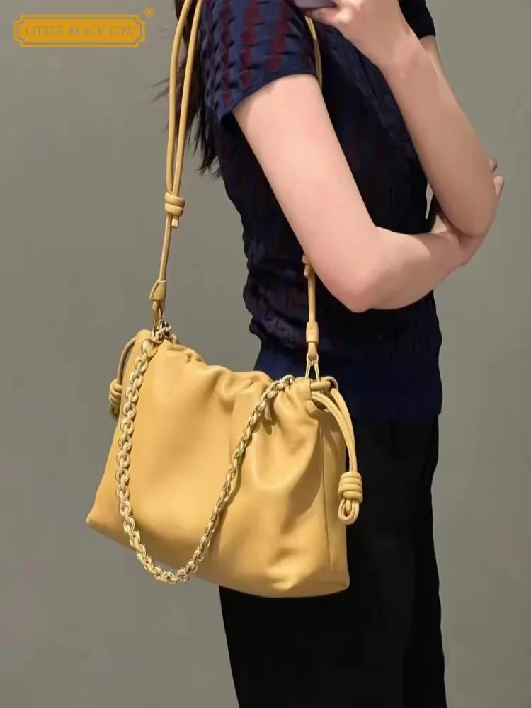 

Office Women Single Chain Strap Shoulder String Bucket Bag Versatile Multi Functional Design Casual Split Leather Crossbody Bag