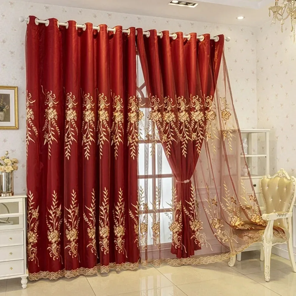 New Chinese Style Red Festive Double-layer Gauze Curtain Cloth Curtain Embroidered Full Blackout Curtain for Bedroom Living Room