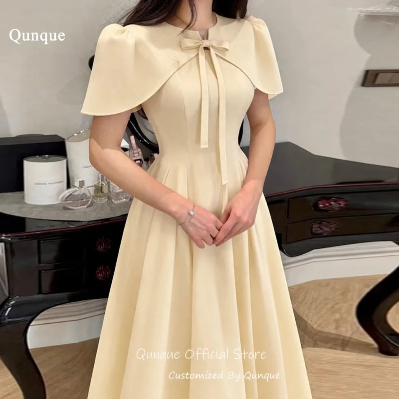 

Qunque Vintage Bow Short Sleeves Evening Dress Satin A Line Robe De Soirée Femme Capelet Overlay Vestidos Para Mujer Customized