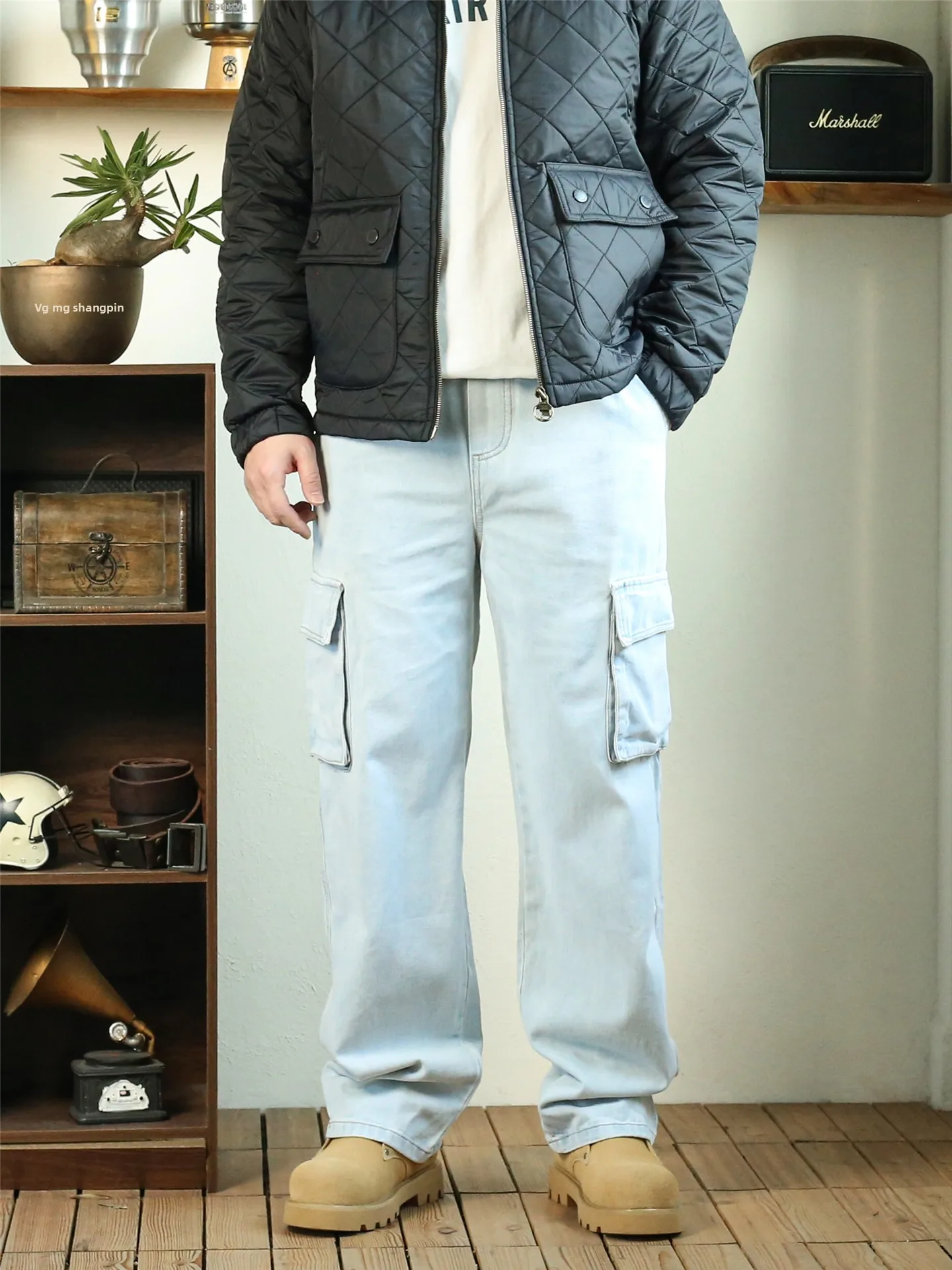 

Retro American Fce Lined Thiened Wide Leg Straight Cut Men's Jeans Autumn Winter Workwear Denim Pants mid Waist Cotton B...