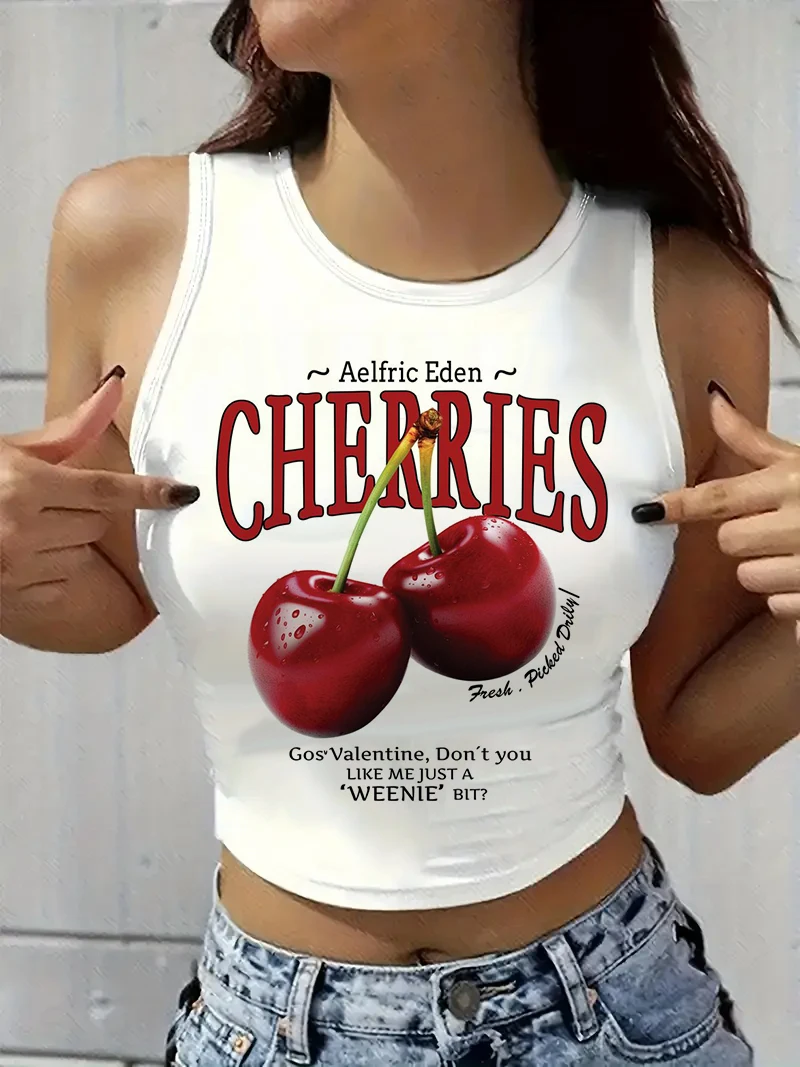 

T Shirt Cherry Printed Crop Top Vest Women's Print Tank Top Round Neck Sleeveless Shirt Cropped T-shirt Sexy