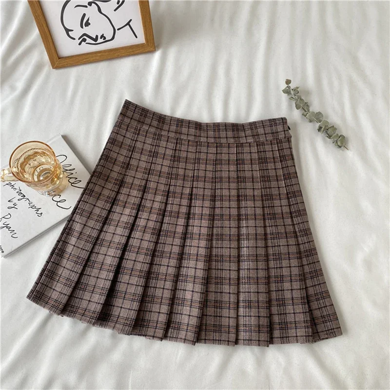 GIDYQ Plaid Pleated Skirt Women Japan Jk High Waist Thin A Line Short Skirt Female Sweet Preppy Style Woolen Mini Short Skirt