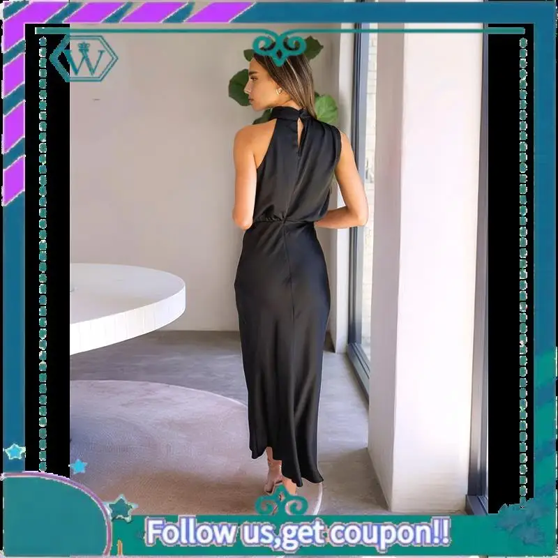 A09P Abito estivo in raso da donna 2025 Abiti lunghi da cocktail party eleganti senza maniche con collo a lupetto