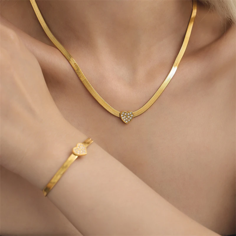 

Ourfuno Romantic Zircon Heart Stainless Steel Flat Snake Chain Necklace Bracelet For Women Party Wedding Jewelry Set Girls Gift
