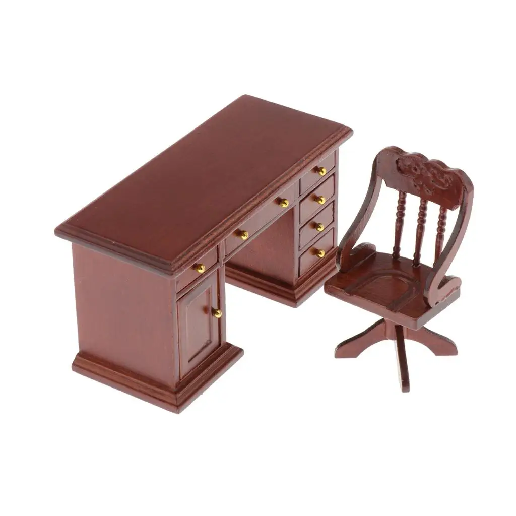 1:12 Wooden Dollhouse Furniture Set - Toy Wood Miniature Writing Desk Set Doll House Accessories