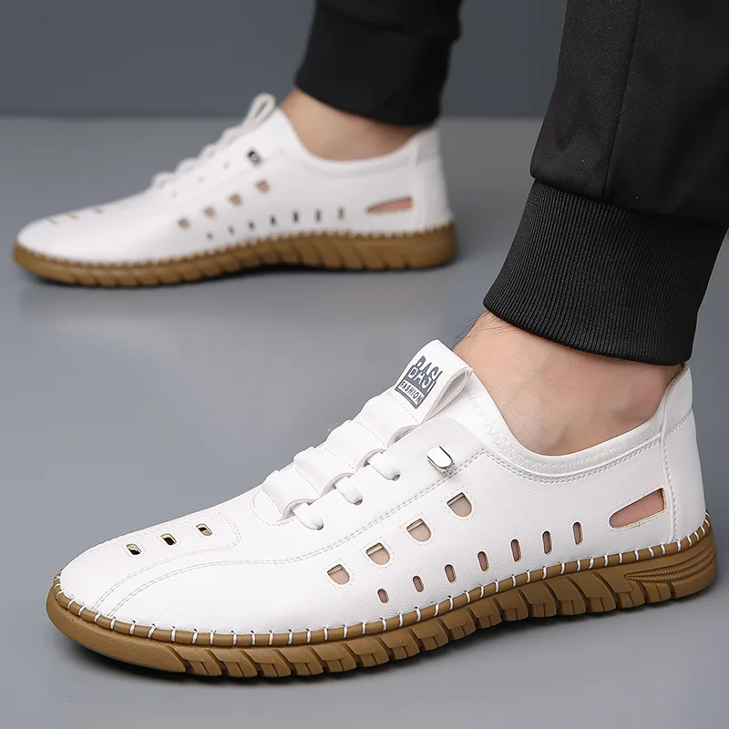 

2025 Summer Shoes for Men Leather Sandals Hollow Out Slip-on Loafers Comfortable Leather Casual Shoes