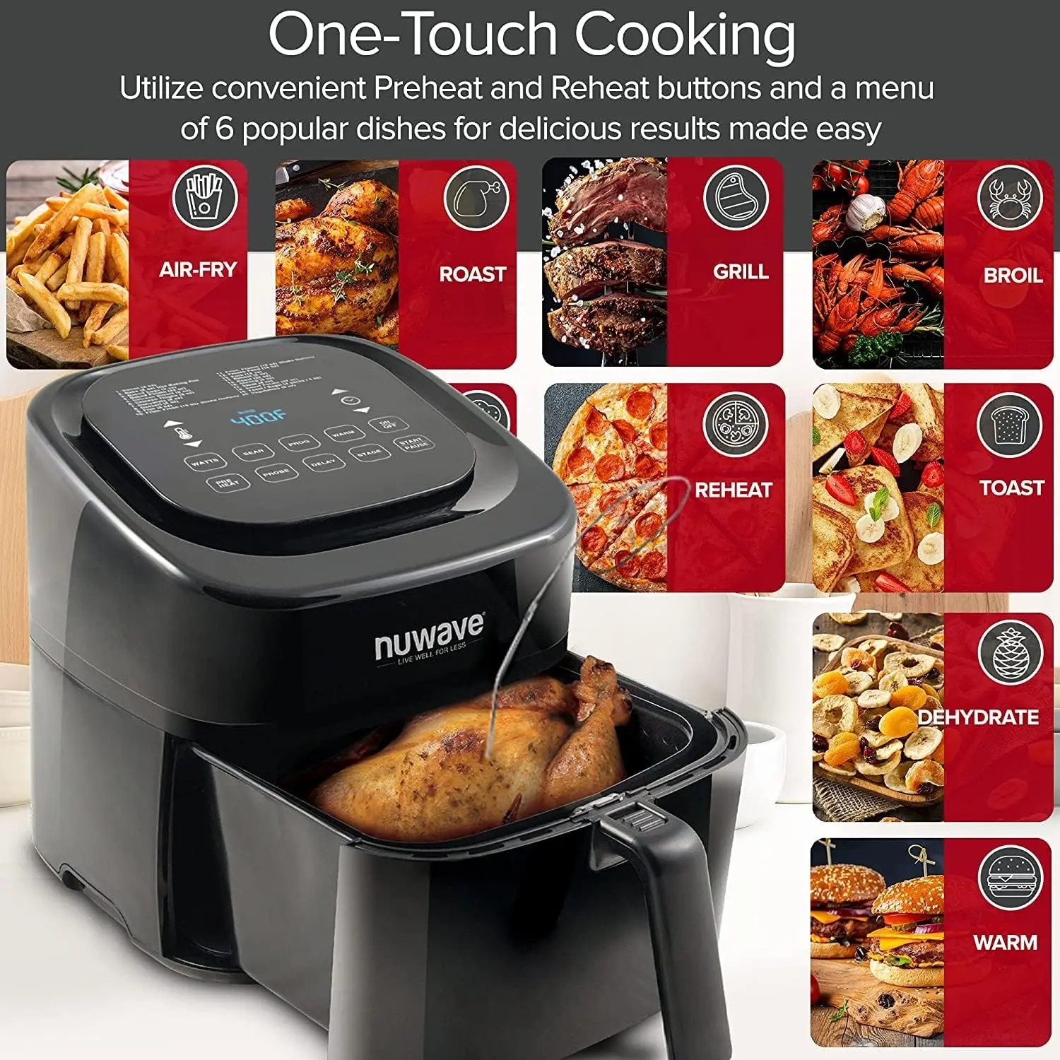 Brio 6-Quart Smart Air Fryer with Probe, One-Touch Controls, Grill Pan & Divider, Black