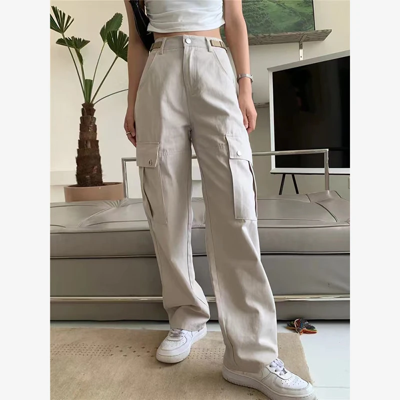 Zoki Japanese High Waist Women Cargo Pants Summer Bf Thin Large Pocket Straight Sweatpants Fashion Streetwear Wide Leg Trousers