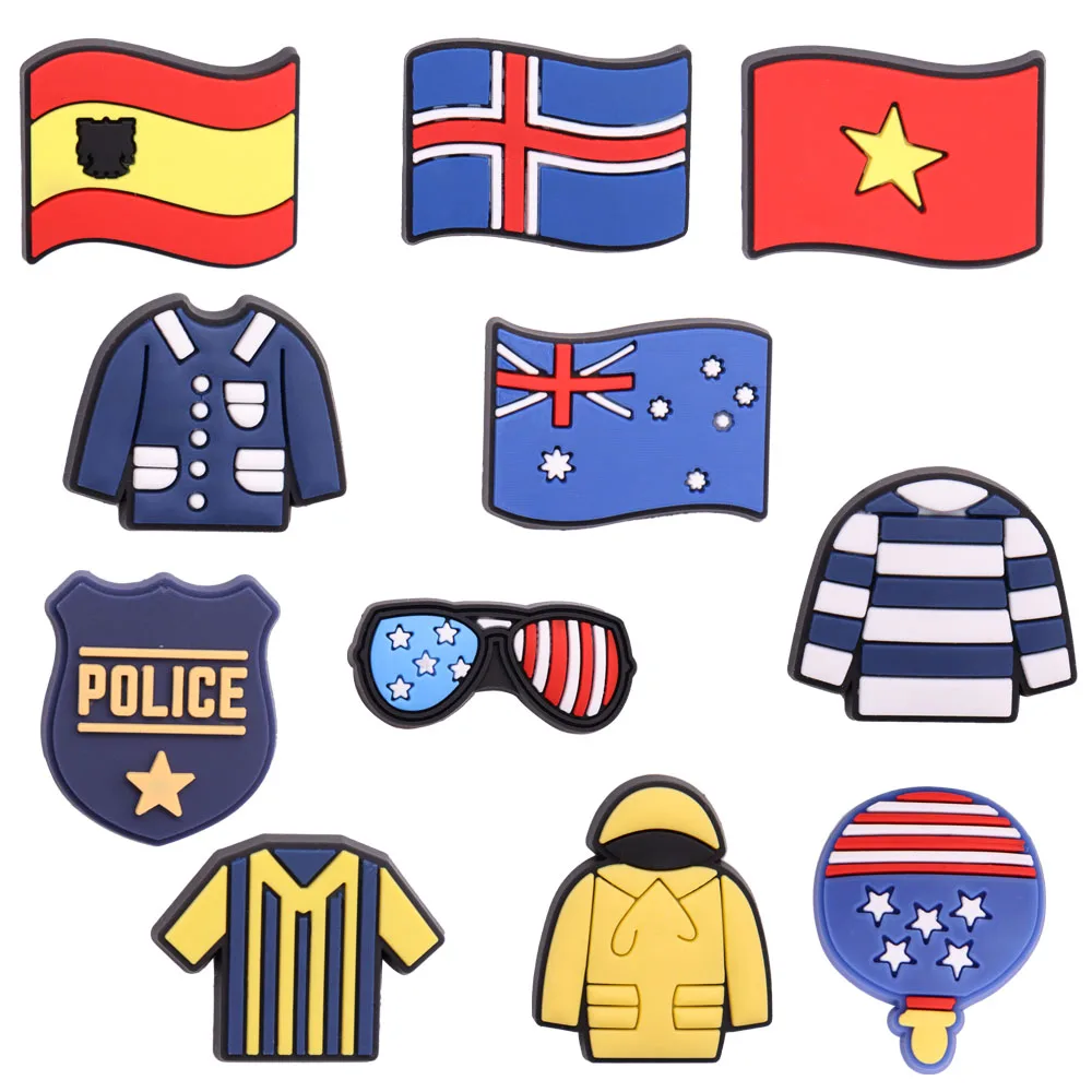 1 pz PVC simpatico cartone animato ciondoli per scarpe Kawaii occhiali distintivo della polizia inghilterra t-shirt islanda cappotto Australia Vietnam Croc Charams